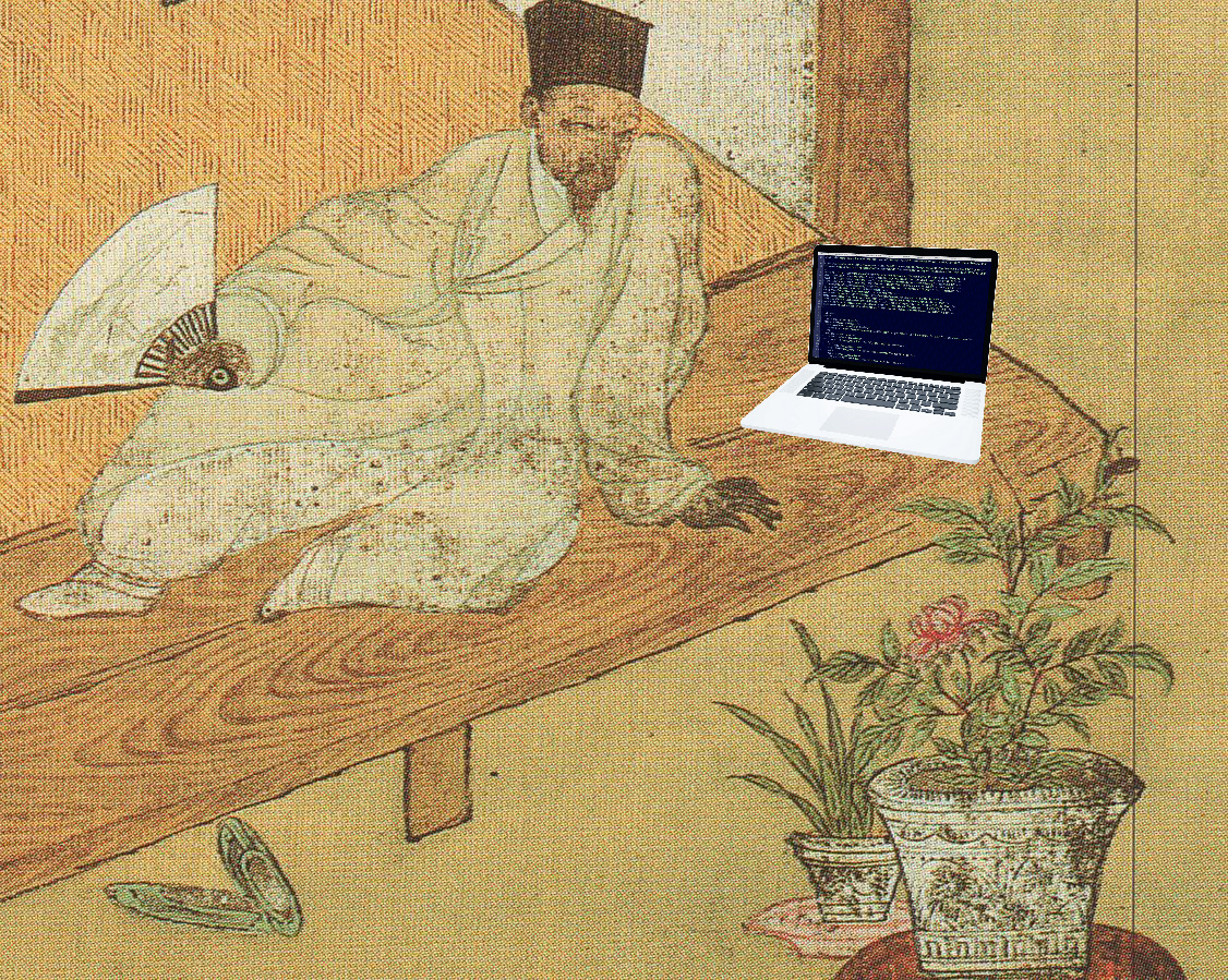 a painting by jeon seon except i photoshopped a laptop onto it